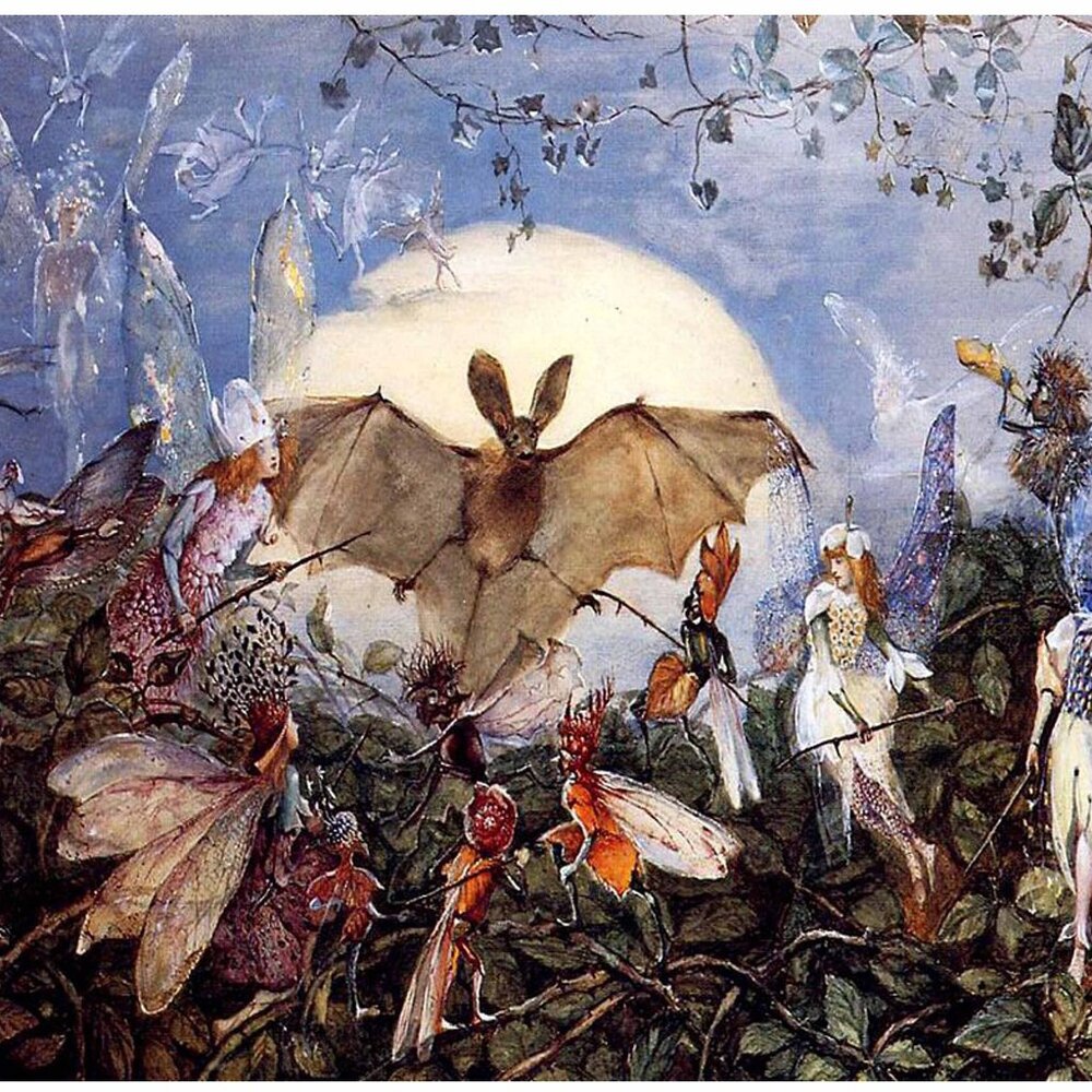 Fairies Find An Intruder, A Bat: Art Print 8"by10" Unframed. Magic Fantasy Scene